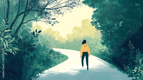 29. Person walking confidently on a road to recovery, with lush nature around them symbolizing health. (1)