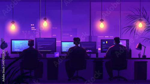 29. Startup team working late night on product development, illuminated by computer screens (2)