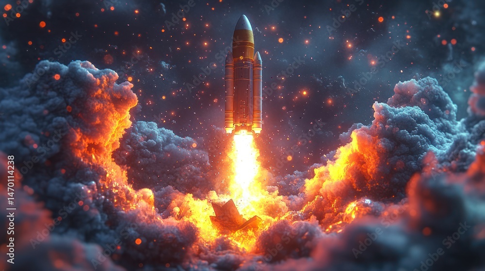 Fototapeta premium Rocket launch into night sky, fiery clouds