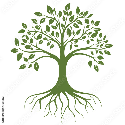 Stylized Olive Green Tree Vector Illustration With Roots And Branches For Design Projects And Symbolism