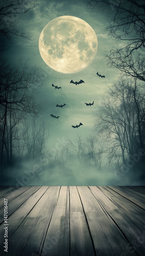 Halloween background in a creepy forest with an empty wooden stage