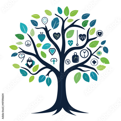 Healthcare Concept Tree With Medical Icons And Leafy Branches Growing Health And Wellness