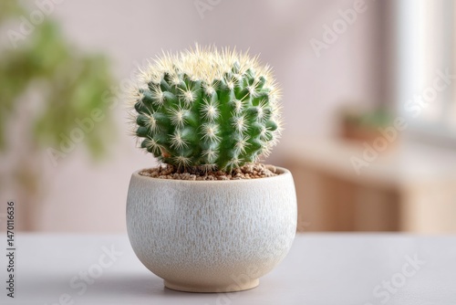 Succulent Cactus in a Textured Pot: Serene Minimalist Still Life