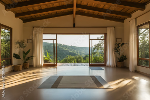 Serene yoga studio with natural light and calming tones 