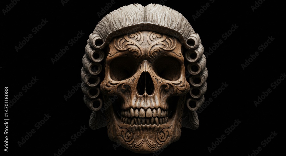 Ornate Skull with Traditional Wig: A Symbolic Representation of Mortality Ornate Skull with Traditional Wig: A Symbolic Representation of Mortality