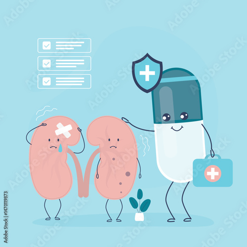 Sad suffering sick kidneys and drug medicine pill characters. Human anatomy genitourinary system, internal unhealthy organs. Funny medical mascots.
