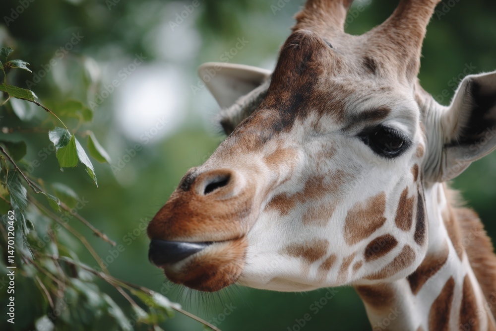 Obraz premium Detailed giraffe portrait with visible tongue, against soft green natural foliage, showcasing its unique pattern