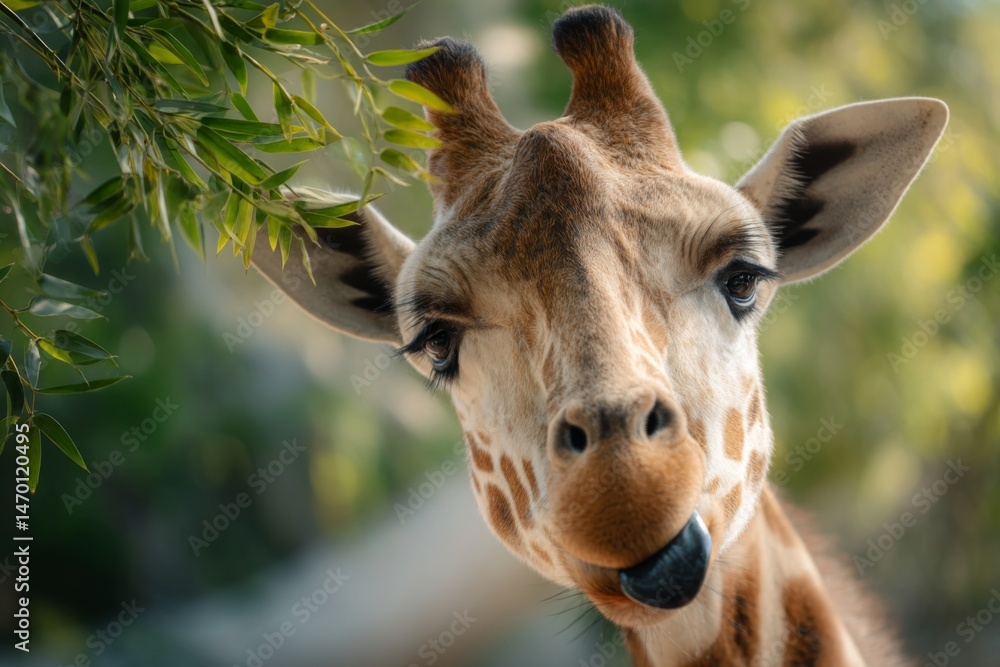 Obraz premium Giraffe closeup portrait grazing bamboo leaves, showing unique markings and expressive face with tongue sticking out