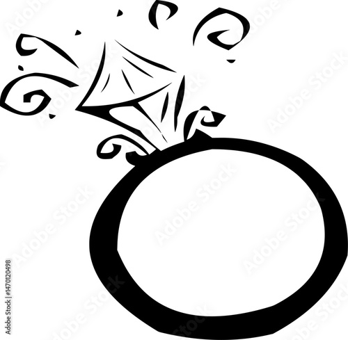 Black and white drawing of a ring with a diamond setting, simple and minimalistic design.
