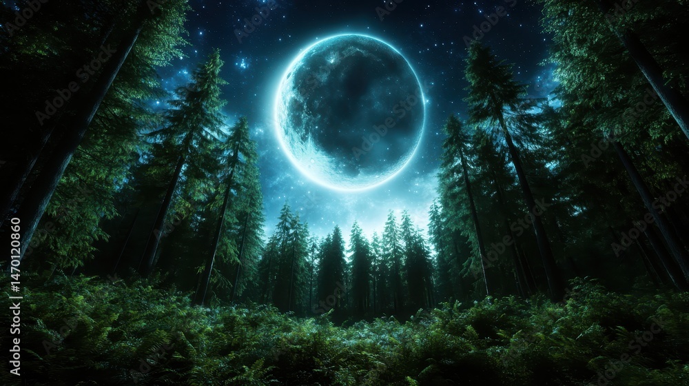 Naklejka premium A glowing full moon dominates the night sky above a dense forest, creating an awe-inspiring view that embodies a sense of wonder, peace, and the majesty of the natural world.