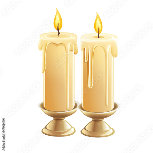 Elegant Pair of Burning Candles on Holders with Soft Light and Dripping Wax, Perfect for Creating a Cozy and Tranquil Atmosphere in Any Space