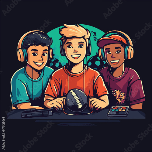 Diverse Group Of Gamers Cartoon Style Playing Video Games Together Online Cartoon Illustration