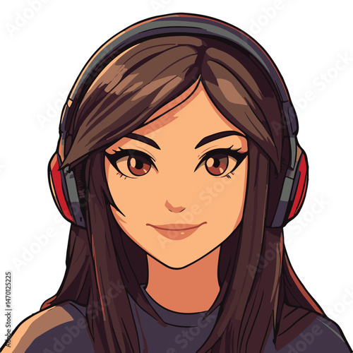 Anime Style Portrait Of Young Woman With Headphones Listening To Music