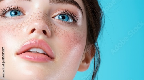 Obraz na płótnie Person showcasing firm skin and bright blue eyes from a skincare routine dedicated to lifting and tightening w salonie
