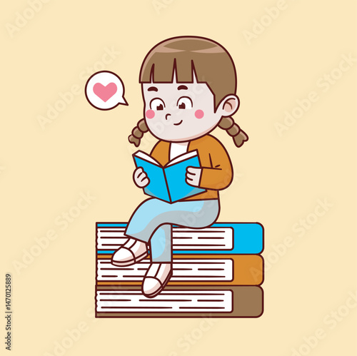 cute girl reading book, dictionary, novel. vector illustration outline. 