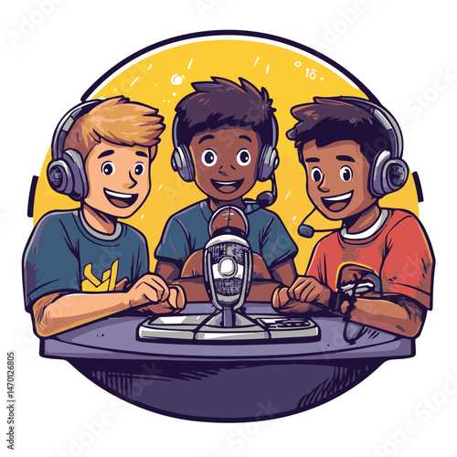 Three Diverse Boys Podcasting Together With Microphone And Headphones In Cartoon Style Vector Illustration