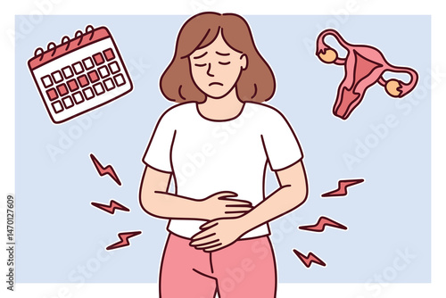 Young woman suffering from strong menstrual cramps holding her lower abdomen in pain possibly caused by endometriosis, hormonal imbalance, or gynecological disorder affecting her reproductive