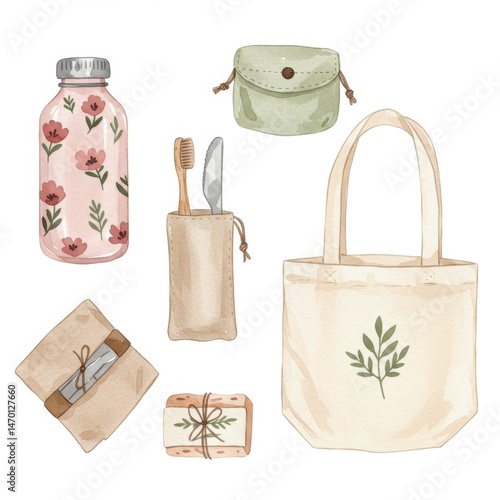 Watercolor Illustration of Eco Friendly Reusable Products