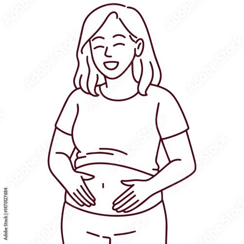 Black and white line art of smiling woman touching horizontal cesarean section scar, symbolizing postpartum recovery, healing, and body positivity