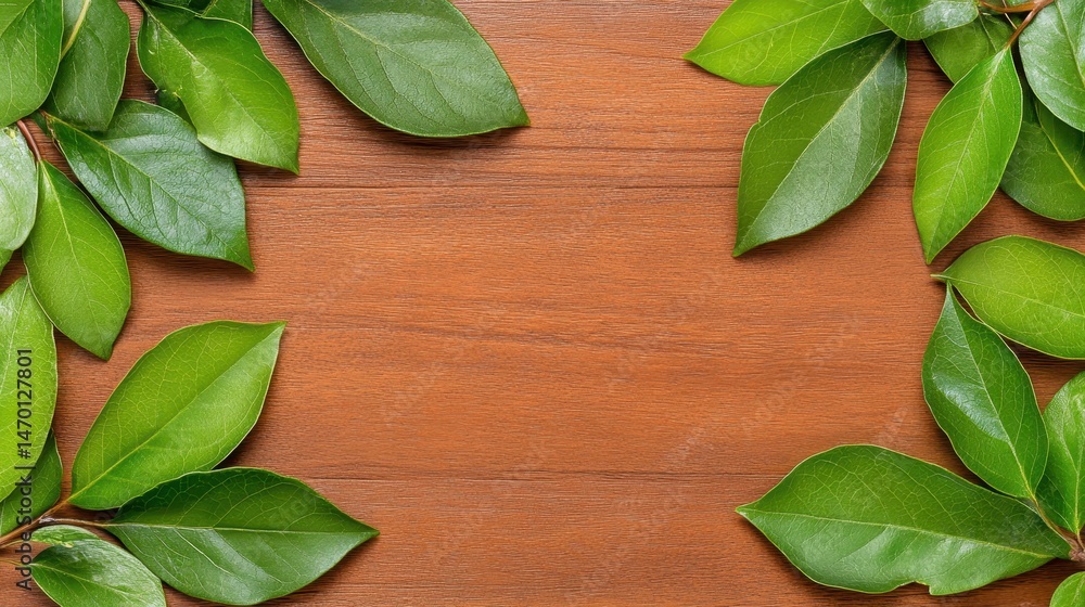 Green Leaves Frame on Brown Wooden Background Green Leaves Frame on Brown Wooden Background