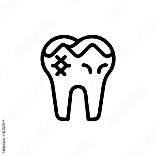 Tooth icon with a cavity and damage in black outline style  