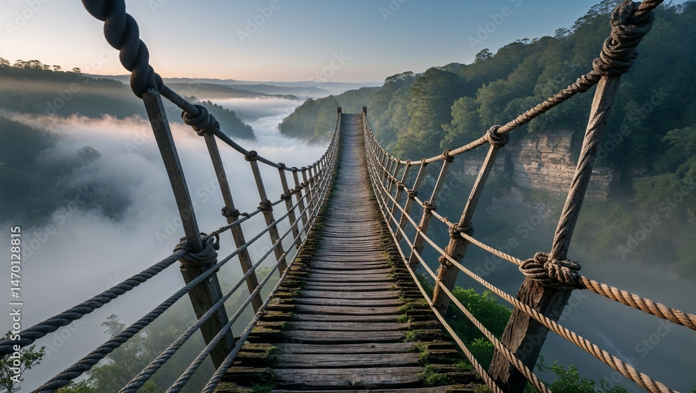 Fototapeta premium Old rope bridge sways slightly above ravine filled with morning mist