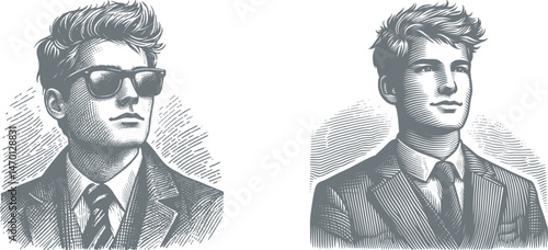 Engraving Design Confident Young Entrepreneur with Sunglasses, Embodying Ambition and Determination