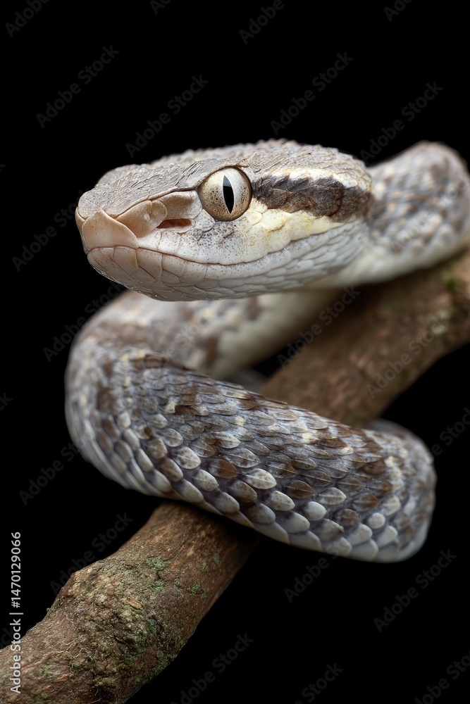 Obraz premium Serpentine Beauty: A Close-Up of a Grayish-Brown Snake Coiled on a Branch
