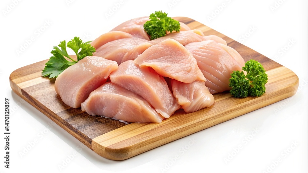 Raw chicken breast chunks on a wooden board, garnished with parsley Raw chicken breast chunks on a wooden board, garnished with parsley