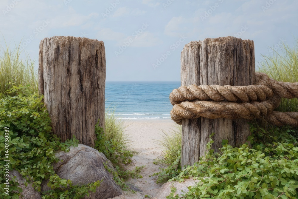 Coastal Serenity: Weathered Wooden Posts and Rope Frame Ocean View Coastal Serenity: Weathered Wooden Posts and Rope Frame Ocean View