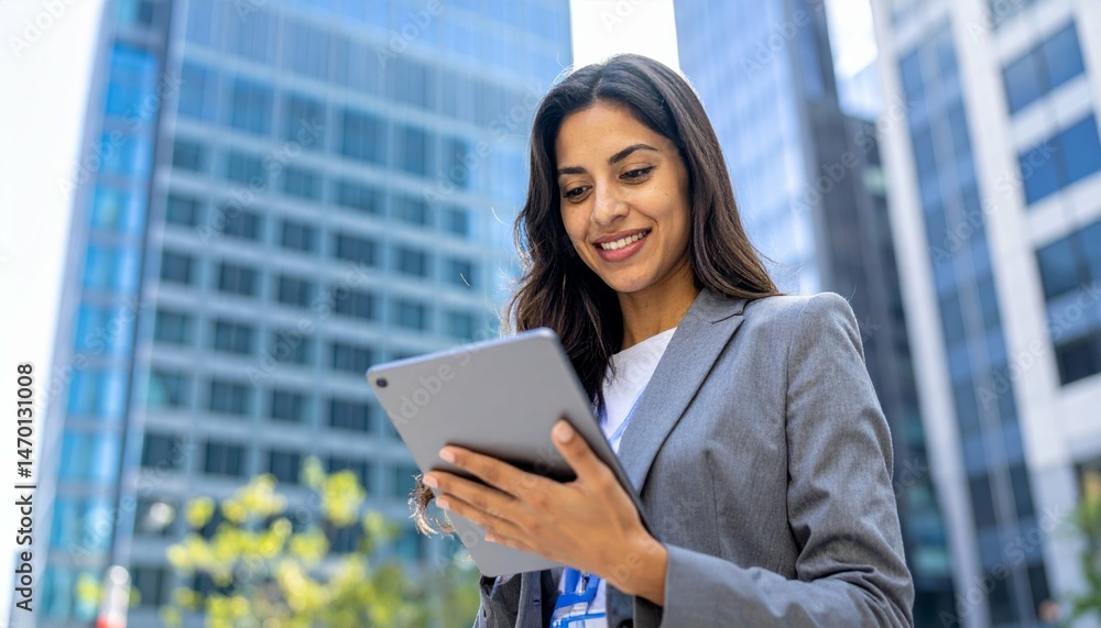 Professional Woman Using Tablet Outdoors in Urban Setting with Modern Buildings in Background Professional Woman Using Tablet Outdoors in Urban Setting with Modern Buildings in Background