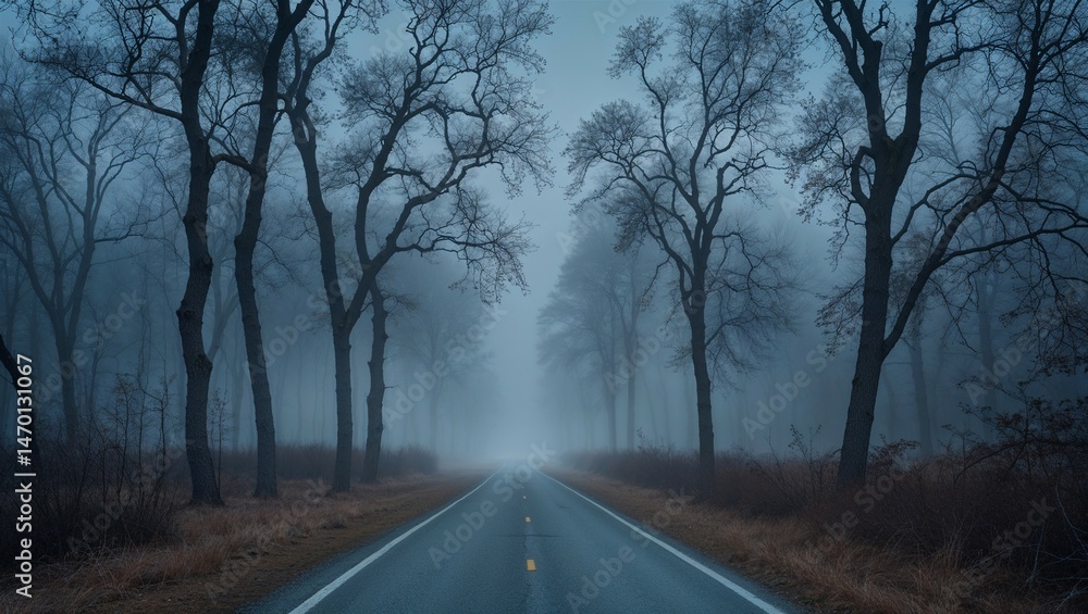 Fototapeta premium Thick fog cloaks road between bare poplar trees in eerie pre-dawn light