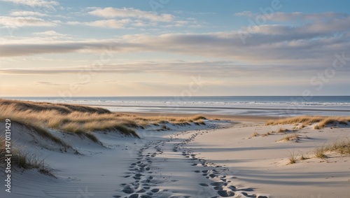 Wide beach lies empty under winter sky with footprints trailing into soft dunes