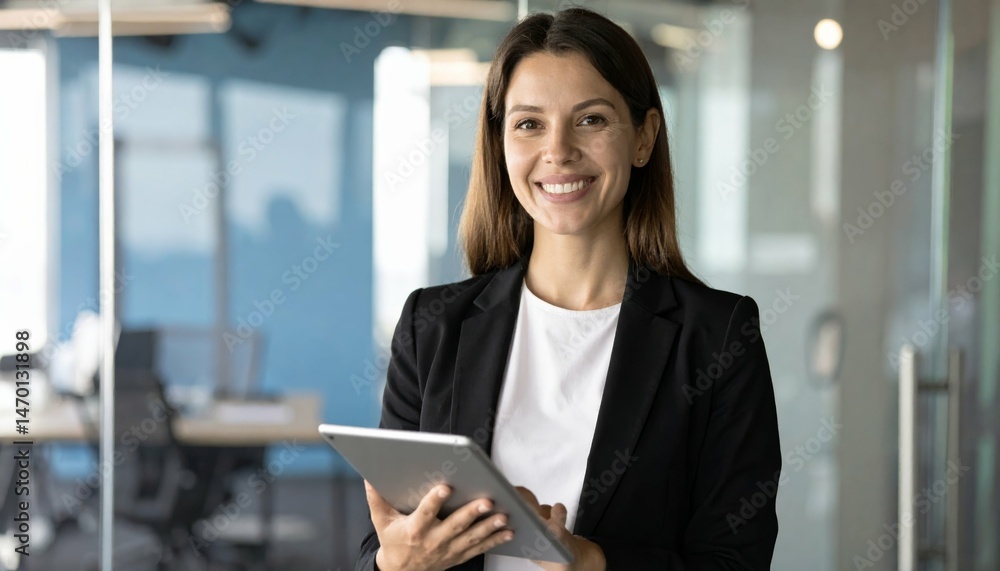 Confident businesswoman smiling while holding a tablet in a modern office environment with glass walls and bright lighting Confident businesswoman smiling while holding a tablet in a modern office environment with glass walls and bright lighting