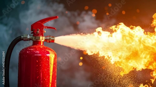 Vibrant fire extinguisher spraying flames amidst smoke, showcasing safety equipment in action