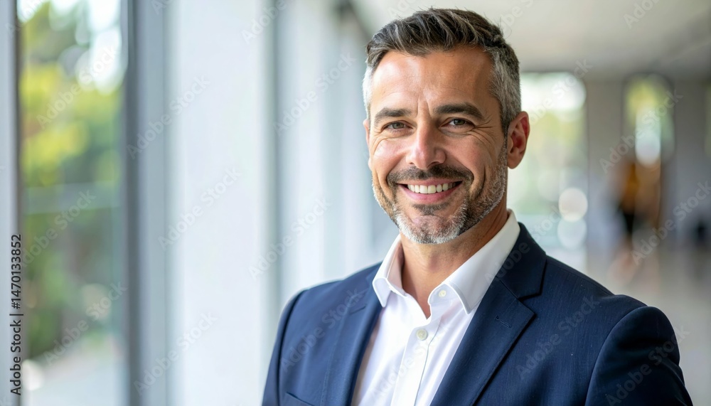 Confident business professional smiling in modern office environment with natural light and clear windows Confident business professional smiling in modern office environment with natural light and clear windows