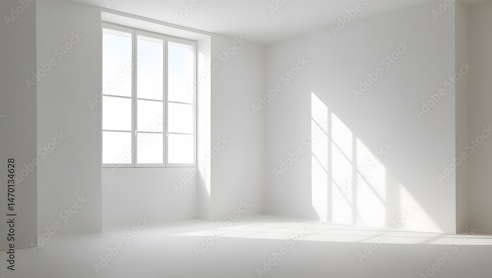 Fototapeta premium Sunlit Empty Room A minimalist scene, showcasing a bright, white room with a large window, casting gentle shadows on the pristine walls and floor. Serenity and peace.
