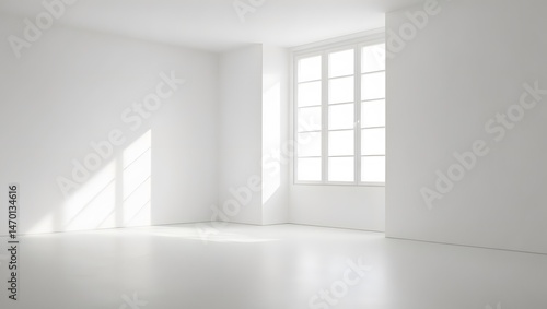 Wallpaper Mural Sunlight streams into a minimalist white room, illuminating the pristine walls and floor. A large window provides a soft, bright light. The space feels serene and peaceful. Torontodigital.ca