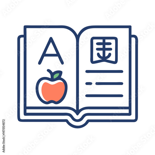 Book with Apple and Letters Icon Representing Language Learning and Education