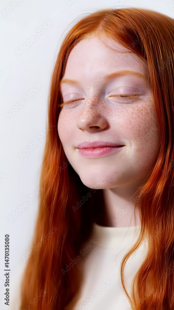 Serene Redhead Girl with Freckles Gently Closing Her Eyes and Smiling in a Vertical Video Portrait Serene Redhead Girl with Freckles Gently Closing Her Eyes and Smiling in a Vertical Video Portrait