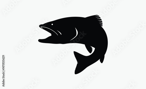 largemouth bass jump, bass fish silhouette, jumping fish vector, bold fish motion, black white bass, leaping fish outline, dynamic fish pose, freshwater fish icon