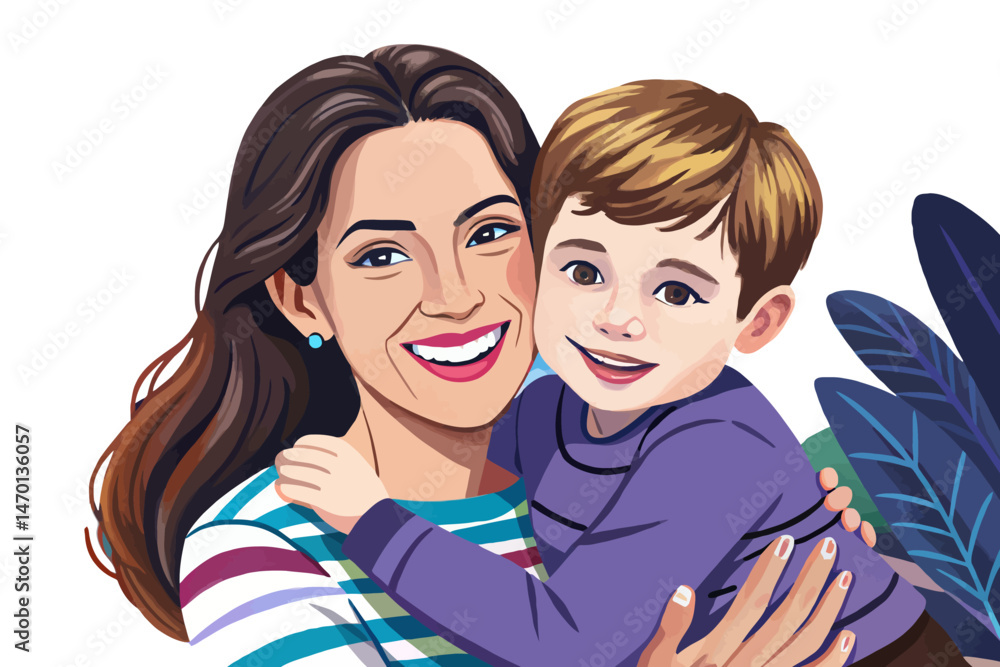 Smiling mother hugging and having fun with her son, showing warm family bond, love, and happy motherhood. Perfect for parenting, childhood, and family relationship concepts, white isolated background Smiling mother hugging and having fun with her son, showing warm family bond, love, and happy motherhood. Perfect for parenting, childhood, and family relationship concepts, white isolated background