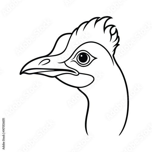 Black and white vector illustration of a cassowary bird head profile isolated on white background