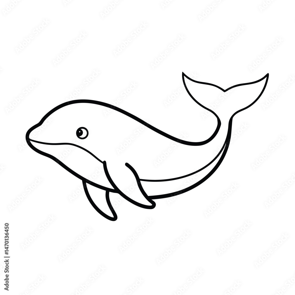 Simple black and white outline of a cute swimming dolphin cartoon design for use in various projects Simple black and white outline of a cute swimming dolphin cartoon design for use in various projects