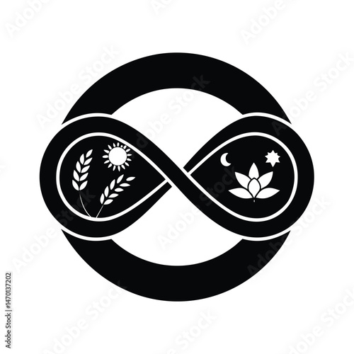 Elegant black and white infinity symbol with day and night elements representing balance and harmony