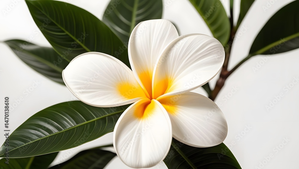 Fototapeta premium Serene Plumeria A close-up view of a pristine white flower with vibrant yellow center, delicately nestled amongst lush green leaves. Tranquil beauty in nature.