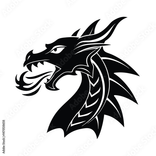 Bold black dragon head silhouette with flames spitting out suitable for logos and decorative designs