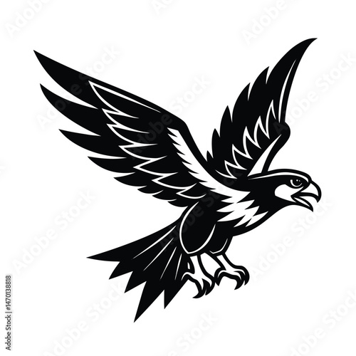 A striking black and white graphic illustration of a powerful eagle in mid flight