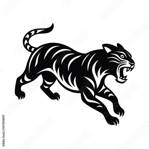 Black and white illustration of a snarling tiger walking forward with a threatening appearance