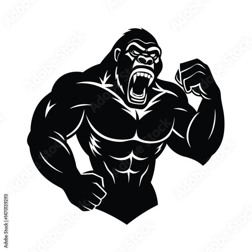 Powerful silhouette illustration of a furious gorilla with raised fists depicting strength and aggression